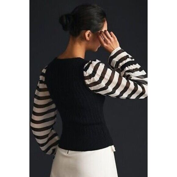 Maeve Women's Size S Black Contrast Sheer Sleeve Cable Knit Striped Sweater Goth - Picture 3 of 16